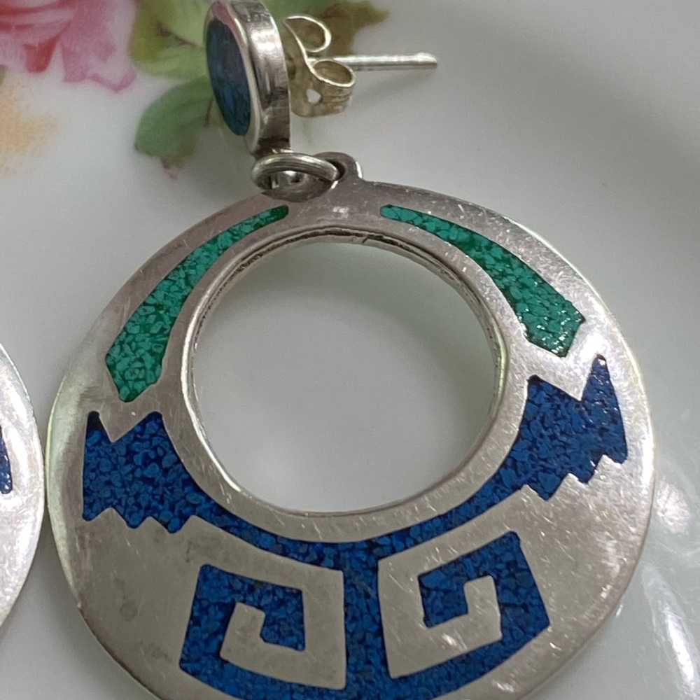 Vtg Taxco Sterling Silver Turquoise Inlay Hoop Earrings View 5